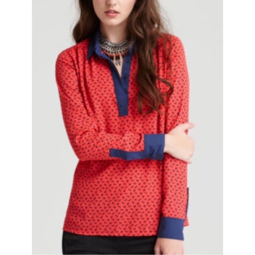 Free People Horse Print Blouse Size XS Red Blue Sheer Oversized Boho Preppy Chic